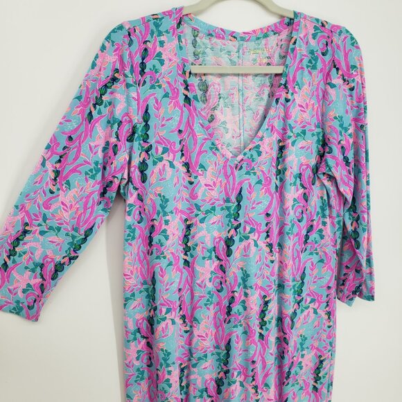 Lilly Pulitzer Tessa Shift T Shirt Dress L Seaweed Samba Cotton V Neck Pink Blue - Picture 8 of 11